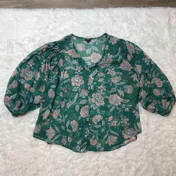 Torrid Blouse Green Floral Sheer Size 0 (Large) Balloon Sleeve Loose Fit - Picture 3 of 11